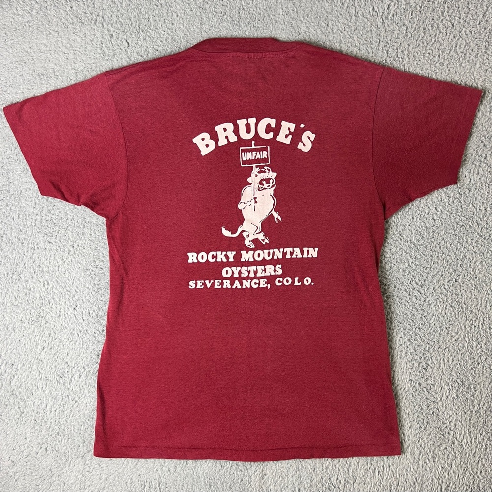 Vintage 80s Bruces Rocky Mountain Oysters Colorado Red Shirt Large Single Stitch